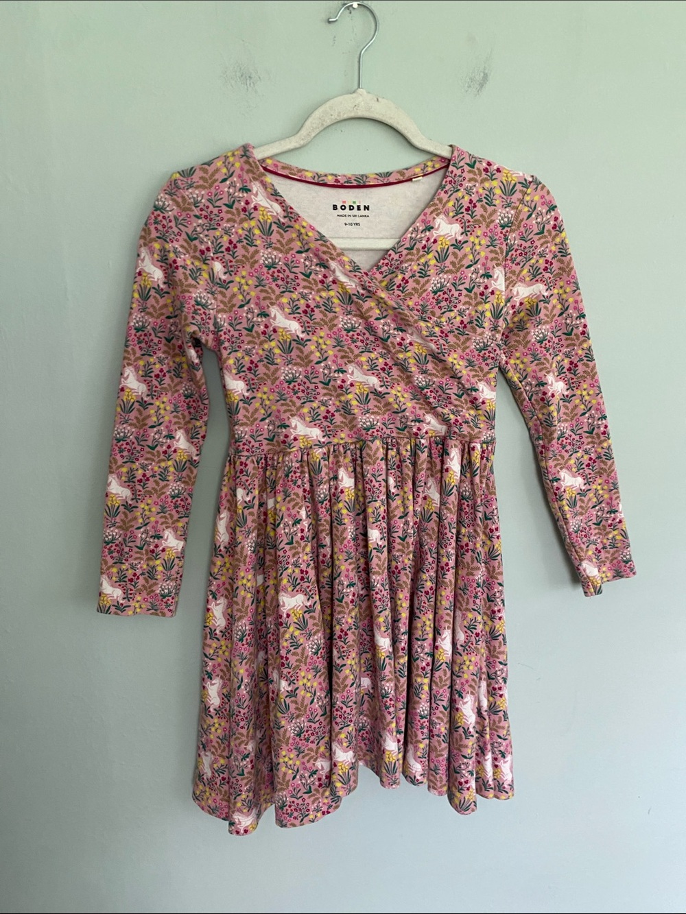 Mini Boden Girl’s Pink Floral Unicorn Wrap-Style Dress Size 9-10years Cotton